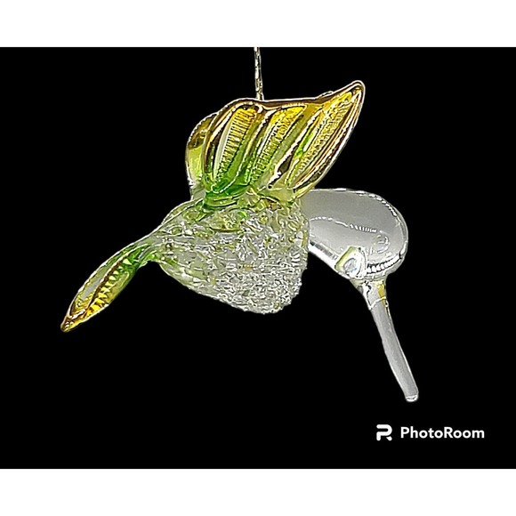 Vintage Clear Glass Hand Blown Hummingbird Yellow Green Wings Ornament - Picture 2 of 2